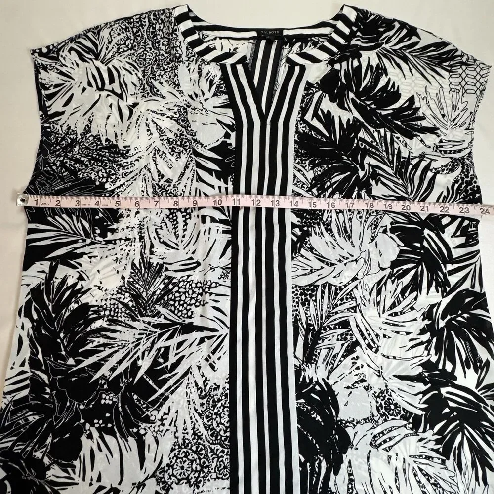 Talbots XL Black White Floral Blouse Short Sleeve Split Neck Lightweight Top